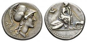 Denarius circa 115-114, AR 19mm., 3.89g. Head of Roma r., wearing winged Corinthian helmet.; behind, X and below, ROMA. Rev. Roma seated r. on pile of...