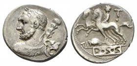 T. Quinctius Denarius 112 or 111, AR 19.5mm., 3.82g. Bust of Hercules seem from behind, head l., club above r. shoulder. Rev. Desultor to l.; behind, ...