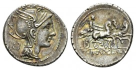 Appius Claudius Pulcher, T Manlius Mancinus and Q. Urbinius Denarius 111 or 110, AR 18.5mm., 3.89g. Helmeted head of Roma r.; behind, quadrangular dev...