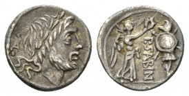 P. Vettius Sabinus. Quinarius circa 99, AR 14mm., 1.81g. Laureate head of Jupiter r.; behind, L surmounted by dot. Rev. P.SABIN Victory standing r. cr...