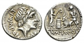 L. Pomponius Molo Denarius 97 (?), AR 18.5mm., 3.93g. L·POMPON·MOLO Laureate head of Apollo r. Rev. Numa Pompilius standing r., holding lituus behind ...
