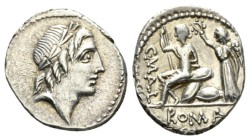 C. Publicius Malleolus, A. Postumius Sp. f. Albinus and L. Metellus Denarius 96 (?), AR 20mm., 3.78g. Laureate head of Apollo r. Rev. C·MALL Roma seat...