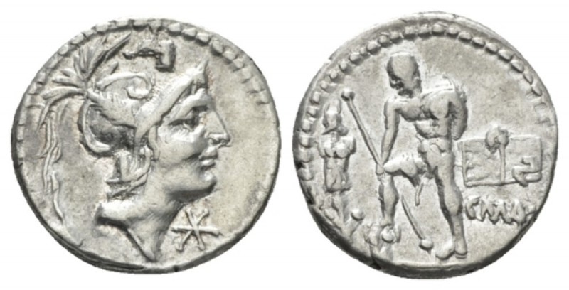 C. Poblicius Malleolus. Denarius 94, AR 18.5mm., 3.93g. Helmeted head of Mars r....