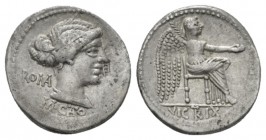 M. Cato Denarius 89, AR 19mm., 3.90g. Diademed and draped female bust r., behind, ROMA and below neck truncation, M CATO. Rev. Victory seated r., hold...