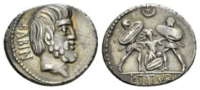 L. Tituri L.f. Sabinus. Denarius 89, AR 19mm., 3.86g. SABIN Head of King Tatius r.; below chin, palm. Rev. Tarpeia stands facing between two soldiers,...