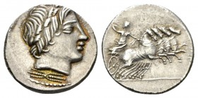 Denarius circa 86, AR 18.5mm., 3.73g. Laureate head of Apollo r.; below neck truncation, thunderbolt. Rev. Jupiter in fast quadriga r., holding reins ...