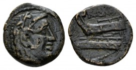 Quadrans circa 86, Æ 15.5mm., 3.21g. Head of Hercules r., wearing lion’s skin. Rev. ROMA Prow l.; before, three pellets. Sydenham 679c. Crawford 350B/...