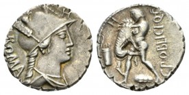 C. Poblicius Q. f. Denarius serratus circa 80, AR 18.5mm., 3.92g. Helmeted and draped bust of Roma r.; behind, ROMA and above, Q. Rev. Hercules strang...