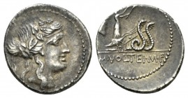 M. Volteius M.f. Denarius 78, AR 18.5mm., 4.05g. Head of Liber r., wearing ivy-wreath. Rev. Ceres in biga of snakes r., holding torch in each hand; be...