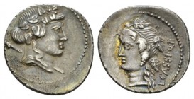 L. Cassius Q. f Denarius 78, AR 18.5mm., 3.93g. Ivy-wreathed head of Liber r., with thyrsus over shoulder. Rev. L·CASSI·Q·F Vine-wreathed head of Libe...