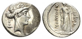 Q. Pomponius Musa. Denarius 66, AR 18mm., 4.09g. Laureate head of Apollo r.; behind, lyre key. Rev. Q·POMPONI – MVSA Calliope standing r., playing lyr...