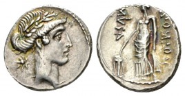 Q. Pomponius Musa. Denarius 66, AR 18mm., 3.96g. Laureate head of Apollo r.; behind, star. Rev. Q·POMPONI – MVSA Urania standing l., holding rod which...