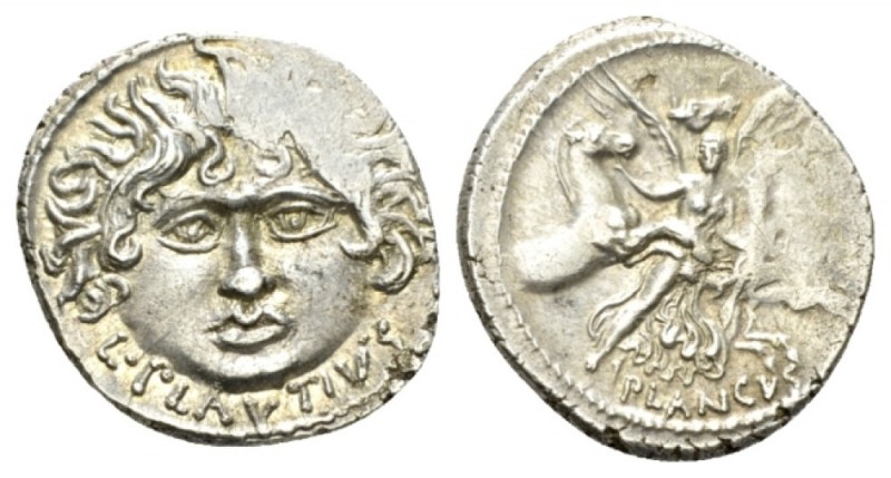 L. Plautius Plancus. Denarius 47, AR 19mm., 4.02g. Head of Medusa facing; with c...