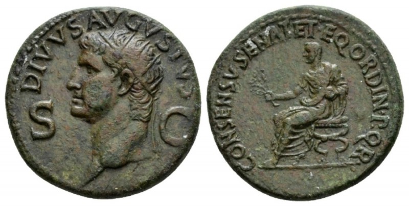 Divus Augustus Dupondius circa 37-41, Æ 29mm., 15.08g. DIVVS AVGVSTVS Radiate he...