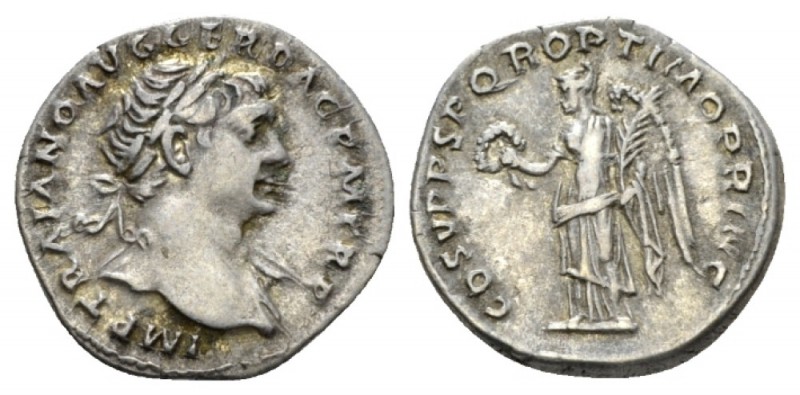 Trajan, 98-117 Denarius 105-107, AR 19mm., 3.29g. Laureate bust right, drapery o...