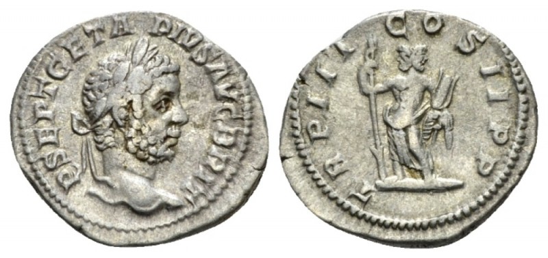 Geta, 209-212 Denarius 211, AR 20mm., 2.86g. Laureate head r. Rev. Janus standin...