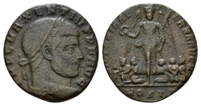 Maxentius, 306-312 Follis Ostia mid- end 309, Æ 21.5mm., 5.31g. Laureate head r....