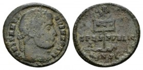 Constantine I, 307-337 Follis Constantinople circa 327, Æ 19mm., 3.11g. Laureate head r. Rev. SPES PVBLIC Labarum, with three medallions on drapery an...