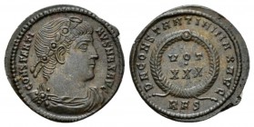 Constantine I, 307-337 Follis Rome 329-330, Æ 21mm., 2.89g. Laureate, draped and cuirassed bust r. Rev. VOT XXX within laurel wreath. RIC 322.

Extr...