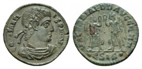 Constantius II, 337-361 Follis 347 - 348, Æ 16.5mm., 1.48g. CONSTANTIVS P F AVG Rosette-diademed, draped, and cuirassed bust right. Rev. VICTORIAE DD ...