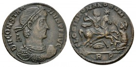 Constantius II, 337-361 Follis Rome 350, Æ 24mm., 5.06g. D N CONSTANTIVS P F AVG Draped bust r., wearing pearl diadem and holding globe. Rev. GLORIA R...