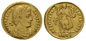 Valentinian I, 364-375 Solidus Antioch 364-367, AV 21mm., 40.05g. Diademed, draped and cuirassed bust r. Rev. Emperor standing facing, head r, holding...