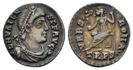Valens, 364-378 Siliqua Treveri 367-375, AR 18mm., 1.97g. D N VALENS P F AVG Pearl-diademed, draped and cuirassed bust r. Rev. VRBS ROMA Roma enthrone...