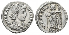 Gratian, 367-383 Siliqua Aquileia 378-383, AR 17mm., 1.82g. Pearl-diademed, draped, and cuirassed bust r. Rev. Roma seated l., holding globe and scept...