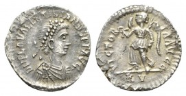 Valentinian II, 375-392 Half-siliqua Ravenna circa 455, AR 15mm., 1.00g. D N PLA VALENTINIANVS P F AVG Pearl-diademed, draped and cuirassed bust r. Re...