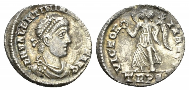 Valentinian II, 375-392 Siliqua Treveri 375-383, AR 18mm., 1.91g. Pearl-diademed...