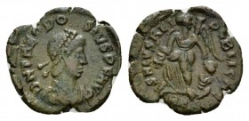 Theodosius I, 379-395 Æ4 388 - 392, Æ 14mm., 1.13g. D N THEODOSIVS PF AVG Pearl-diademed, draped, and cuirassed bust right. Rev. SALVS REI-PVBLICAE Vi...