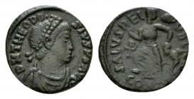 Theodosius I, 379-395 Æ4 Constantinople 388-392, Æ 12.5mm., 1.31g. D N THEODOSIVS P F AVG Diademed, draped and cuirassed bust r. Rev. SALVS REI PVBLIC...