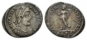 Magnus Maximus, 383-388 Siliqua Aquileia 385-388, AR 17mm., 1.66g. Pearl-diademed, draped, and cuirassed bust r. Rev. Victory advancing l., holding wr...