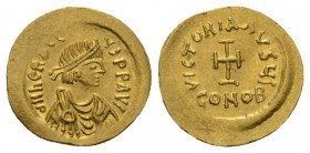 Heraclius, 610-641 Tremissis Constantinople 610-641, AV 18.5mm., 1.46g. Diademed, draped and cuirassed bust r. Rev. VICTORIA AVGЧ ς Cross potent; in e...