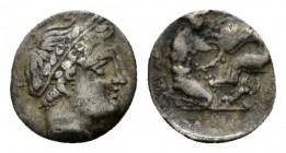 Campania, Neapolis Obol circa 320-300, AR 10mm., 0.44g. Male head r., hair bound with taenia. Rev. Herakles kneeling r., strangling Nemean lion. SNG A...
