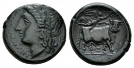 Campania, Neapolis Bronze circa 275-250, Æ 19mm., 5.80g. NEOΠOΛITΩN Laureate head of Apollo l., at r. I, Rev. Man-faced bull standing r.; above flying...