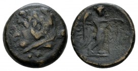 Apulia, Ausculum Bronze circa 240, Æ 19mm., 5.96g. Head of Heracles l., holding club on shoulder. Rev. AYCKΛA Nike standing r., attaching a taenia wit...