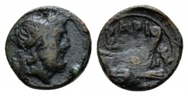 Apulia, Barium Semuncia circa 180-160, Æ 13.5mm., 1.78g. Laureate head of Zeus r. Rev. BAPI Prow r. SNG ANS 657-658. Historia Numorum Italy 735.

Ra...