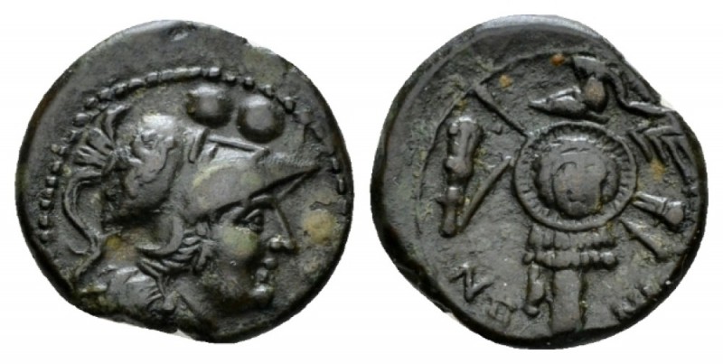 Apulia, Caelia Sextans circa 220-150, Æ 17.5mm., 3.15g. Head of Athena r, wearin...