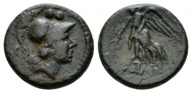 Apulia, Caelia Sextans circa 220-150, Æ 18.5mm., 5.49g. Head of Athena r, wearing crested Corinthian helmet; in l. field, K and above, two pellets. Re...