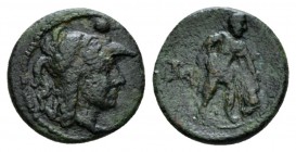 Apulia, Mateola Uncia circa 210-150, Æ 14.5mm., 2.29g. Head of Athena r., wearing crested Corinthian helmet; above, pellet. Rev. Heracles standing r.,...