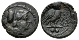 Apulia, Teate Biunx circa 225-200, Æ 19.5mm., 7.30g. Head of Athena r., wearing Corinthian helmet. Rev. TIATI Owl standing r. on bar; in r. field, wre...