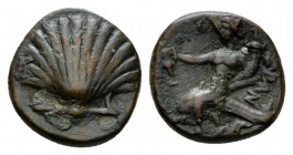 Calabria, Tarentum Bronze circa 275-200, Æ 13.5mm., 2.48g. Shell. Rev. TAPAN oecist riding dolphin l., holding cornucopiae and cantharus. Vlasto 1824....
