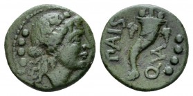 Lucania, Poseidonia as Paestum Triens circa 218-201, Æ 26mm., 3.02g. Head of Dionysus r., wearing ivy-wreath; at l., four pellets. Rev. PAIS Cornucopi...