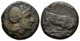 Lucania, Thurium Bronze circa 350-300, Æ 28mm., 27.05g. Head of Athena r., wearing crested Attic helmet, decorated with Skylla. Rev. ΘOYPIΩN Bull butt...