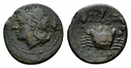 Bruttium, Brettii Quarter unit, circa 214-211, Æ 14mm., 2.04g. Horned and wreathed head of young river-god l.; in r. field, corn-ear. Rev. BPETTIΩN Cr...