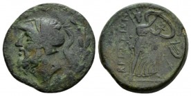 Bruttium, Brettii Double unit circa 208-203, Æ 26.5mm., 13.28g. Head of Ares l., wearing crested Corinthian helmet; within wreath. Rev. BPETTIΩN Athen...