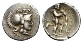 Bruttium, Croton Triobol circa 400-350, AR 13mm., 1.23g. KPOTΩ Head of Athena r., wearing crested Corinthian helmet. Rev. Heracles advancing r., weari...