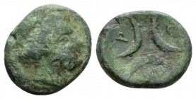 Bruttium, Croton Bronze circa 300-250, Æ 18mm., 4.25g. Head of Persephone r. Rev. KPO Three crescents. SNG ANS 444. Historia Numorum Italy 2234.

Gr...