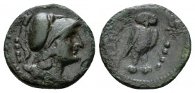 Bruttium, Hipponium as Vibo Valentia, Triens II cent., Æ 18.5mm., 3.40g. Head of Minerva r., wearing Corinthian helmet. Rev. VALENTIA Owl standing r.;...